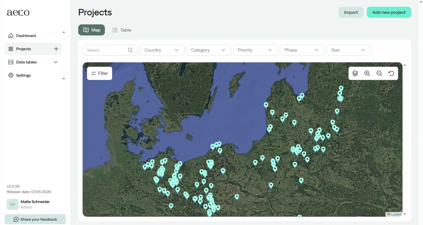 Karte der aeco-Projekte in Nord- und Osteuropa, dargestellt in der digitalen Plattform von aeco.